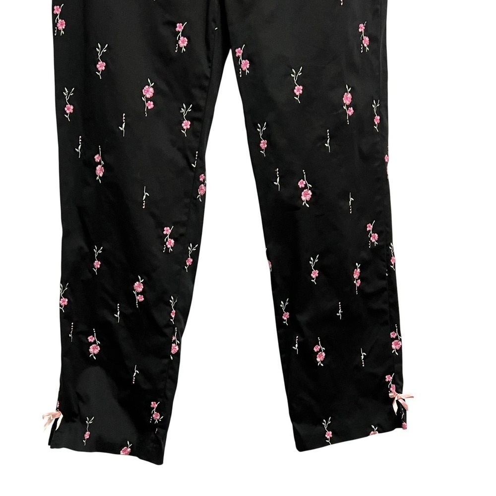 Island Republic Pants Womens 6 Black Embroidered Floral Bow Hem Stretch Twill - Picture 5 of 8